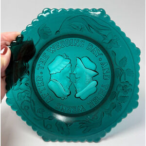 Vintage Westmoreland Glass Wedding Day 3 Weeks After Teal Blue Topsy-Turvy Plate